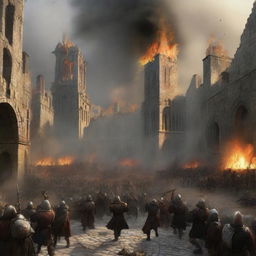 A massive medieval city engulfed in an uprising