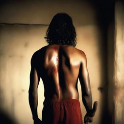 A photo taken from the back of an Indian man holding an axe in hand, standing in a dark room with a single light source