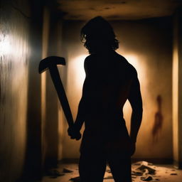 A photo taken from the back of an Indian man holding an axe in hand, standing in a dark room with a single light source