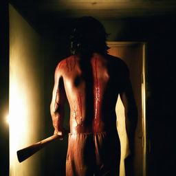 A photo taken from the back of an Indian man who appears to be a killer, holding an axe in hand