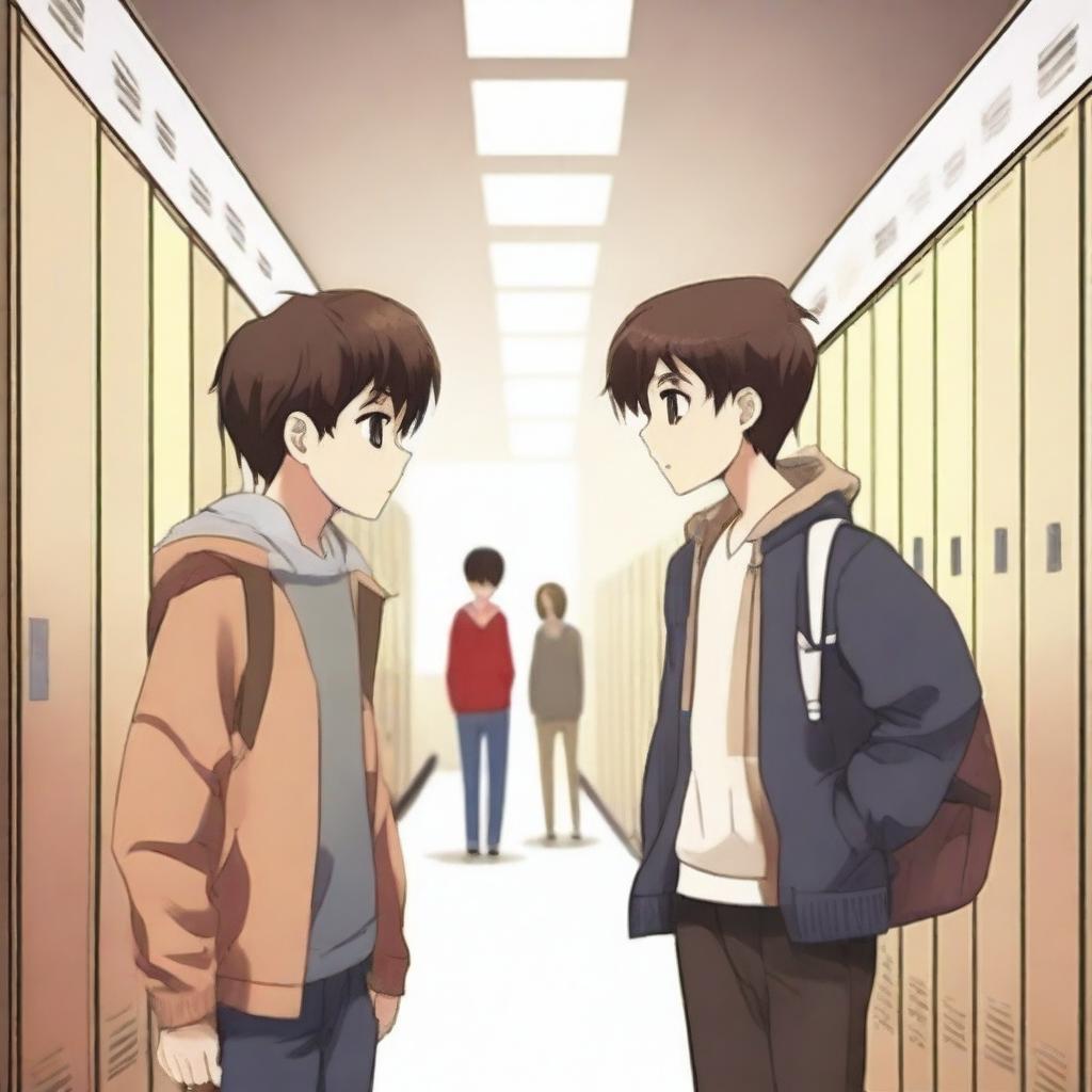 A dramatic scene featuring two boys in love, holding hands and looking into each other's eyes