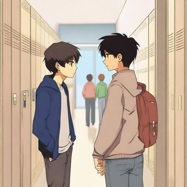 A dramatic scene featuring two boys in love, holding hands and looking into each other's eyes