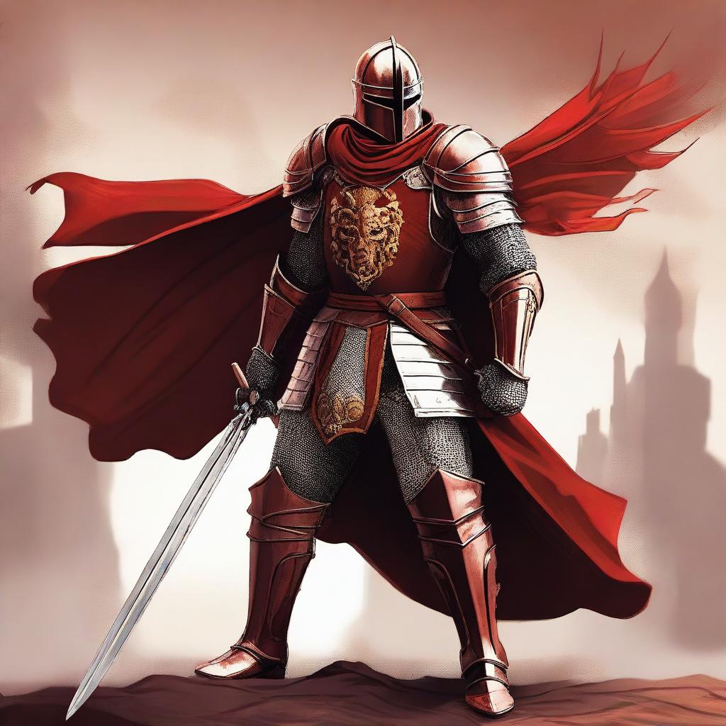 A large red knight wielding a two-handed sword, standing in a heroic pose