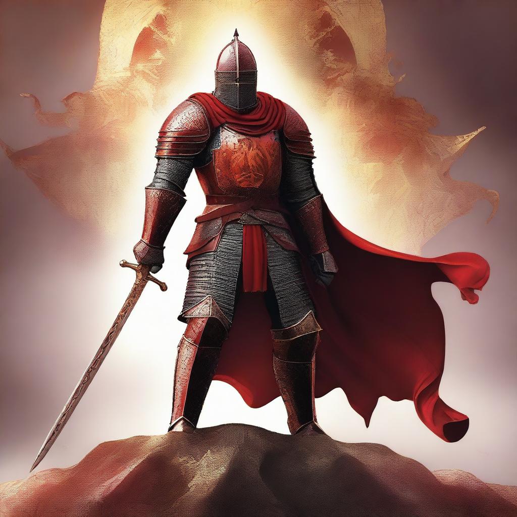 A large red knight wielding a two-handed sword, standing in a heroic pose