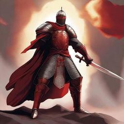 A large red knight wielding a two-handed sword, standing in a heroic pose