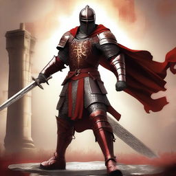 A large red knight wielding a two-handed sword, standing in a heroic pose