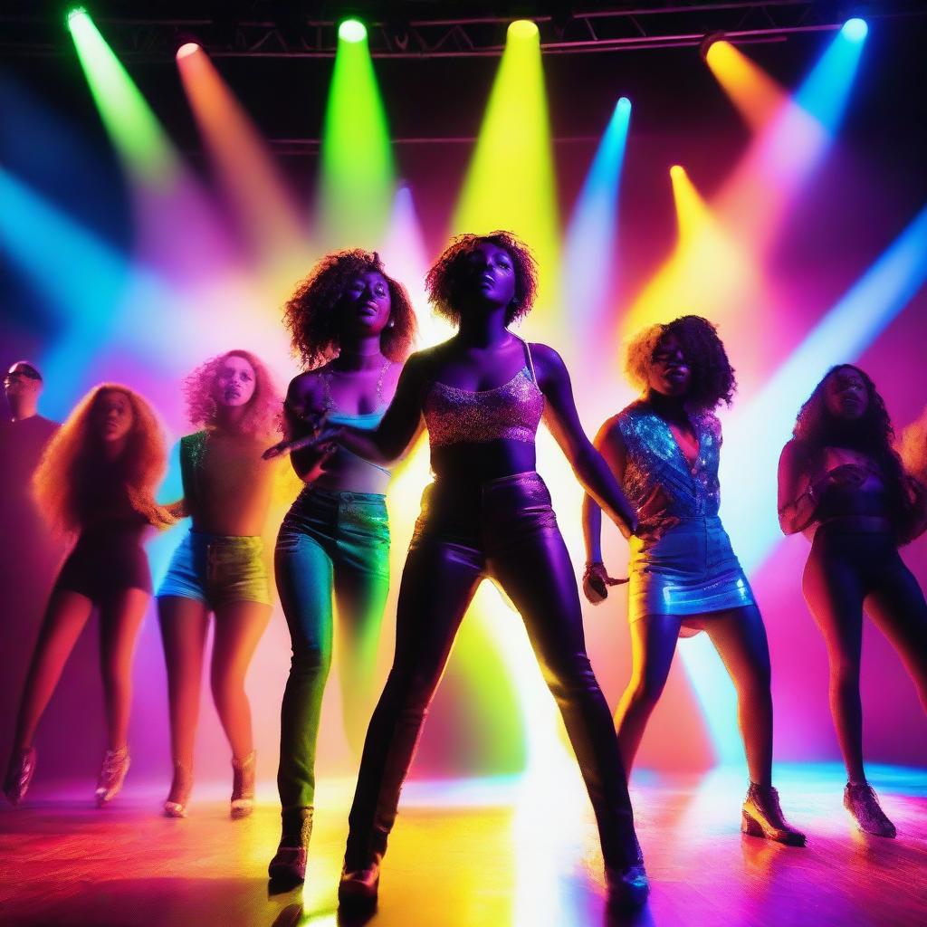 Create an image of a vibrant and energetic music video scene with colorful lights, a dynamic stage, and enthusiastic performers