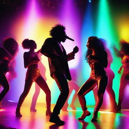 Create an image of a vibrant and energetic music video scene with colorful lights, a dynamic stage, and enthusiastic performers