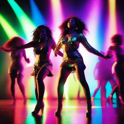 Create an image of a vibrant and energetic music video scene with colorful lights, a dynamic stage, and enthusiastic performers