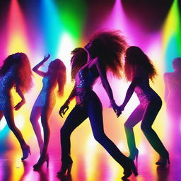 Create an image of a vibrant and energetic music video scene with colorful lights, a dynamic stage, and enthusiastic performers