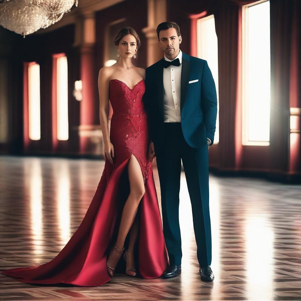 A handsome built man standing confidently beside a beautiful woman in a stunning red dress