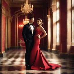 A handsome built man standing confidently beside a beautiful woman in a stunning red dress