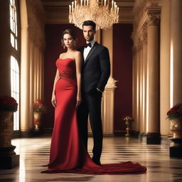 A handsome built man standing confidently beside a beautiful woman in a stunning red dress