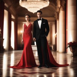 A handsome built man standing confidently beside a beautiful woman in a stunning red dress