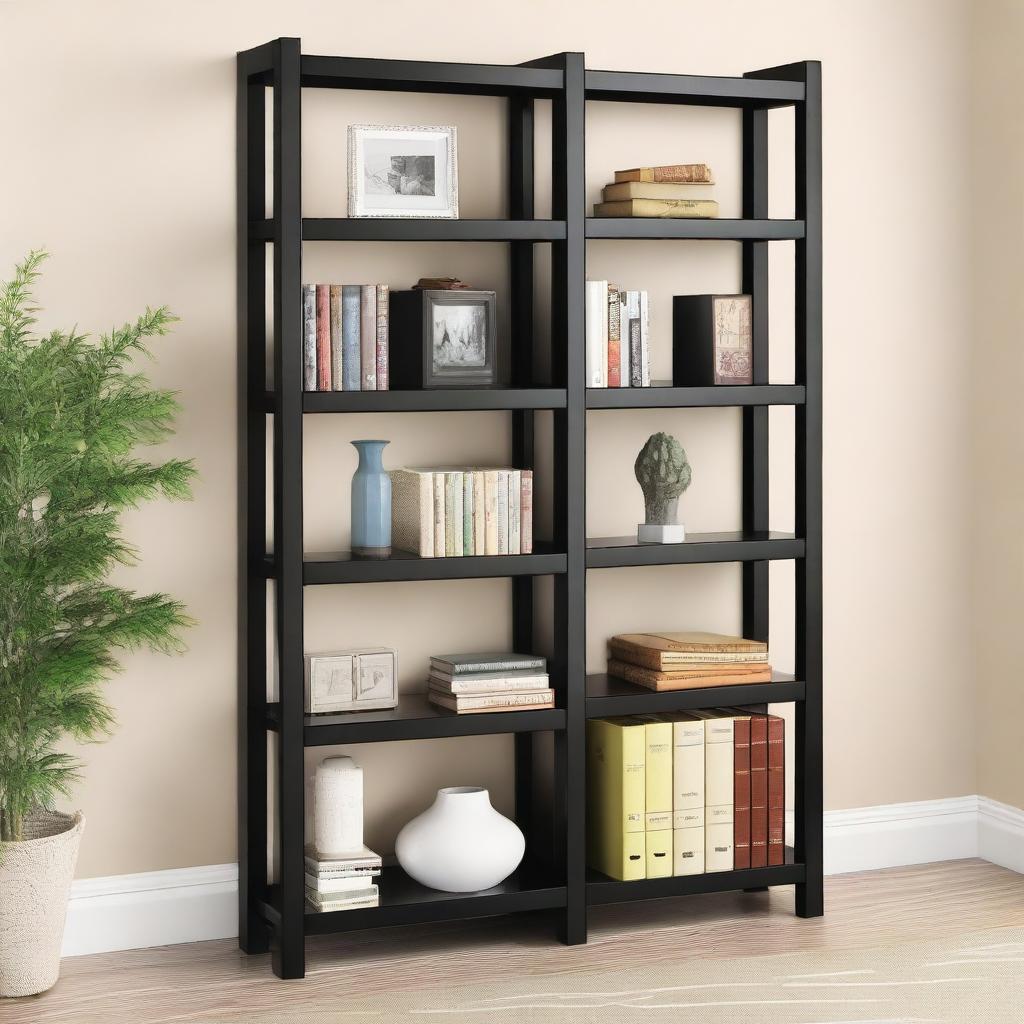 A black shelf unit with six shelves and small legs