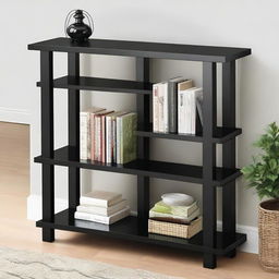 A black shelf unit with six shelves and small legs