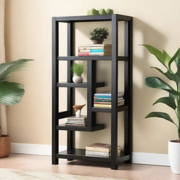 A black shelf unit with six shelves and small legs