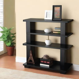 A black shelf unit with six shelves and small legs