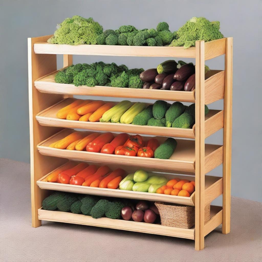 A closed shelf unit except for the front where vegetables are displayed on six shelves