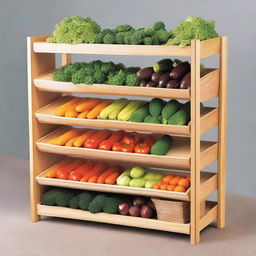 A closed shelf unit except for the front where vegetables are displayed on six shelves