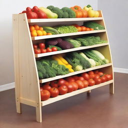 A closed shelf unit except for the front where vegetables are displayed on six shelves