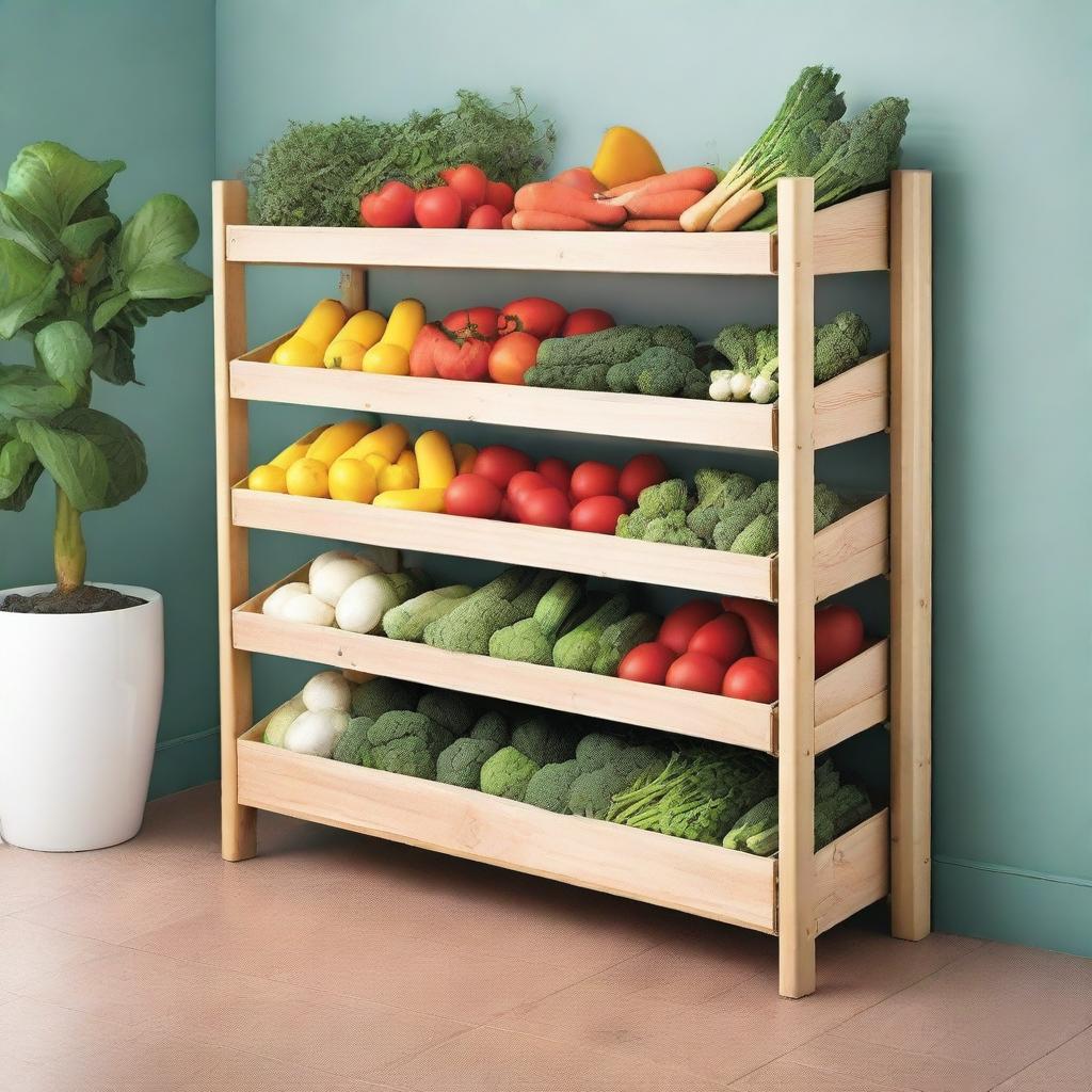 A closed shelf unit except for the front where vegetables are displayed on six shelves