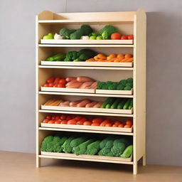 A closed shelf unit except for the front where vegetables are displayed on six shelves