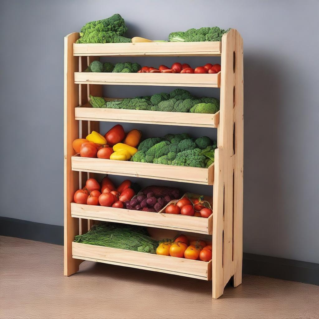 A closed shelf unit except for the front where fresh vegetables are displayed on six shelves