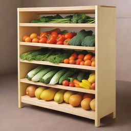 A closed shelf unit except for the front where fresh vegetables are displayed on six shelves