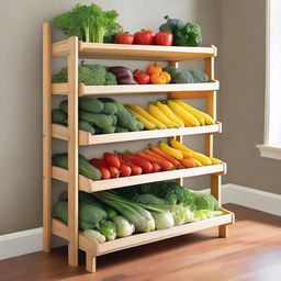 A closed shelf unit except for the front where fresh vegetables are displayed on six shelves