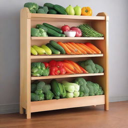 A closed shelf unit except for the front where fresh vegetables are displayed on six shelves