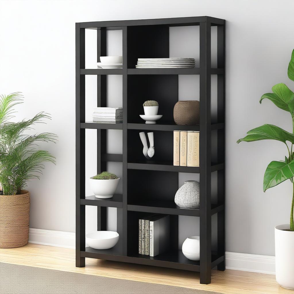 A closed shelf unit in black color except for the front where six shelves are visible