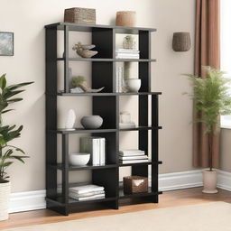 A closed shelf unit in black color except for the front where six shelves are visible