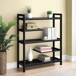 A closed shelf unit in black color except for the front where six shelves are visible