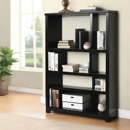 A closed shelf unit in black color except for the front where six shelves are visible