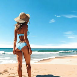 A person wearing a bikini on a sunny beach, with clear blue skies and gentle waves in the background