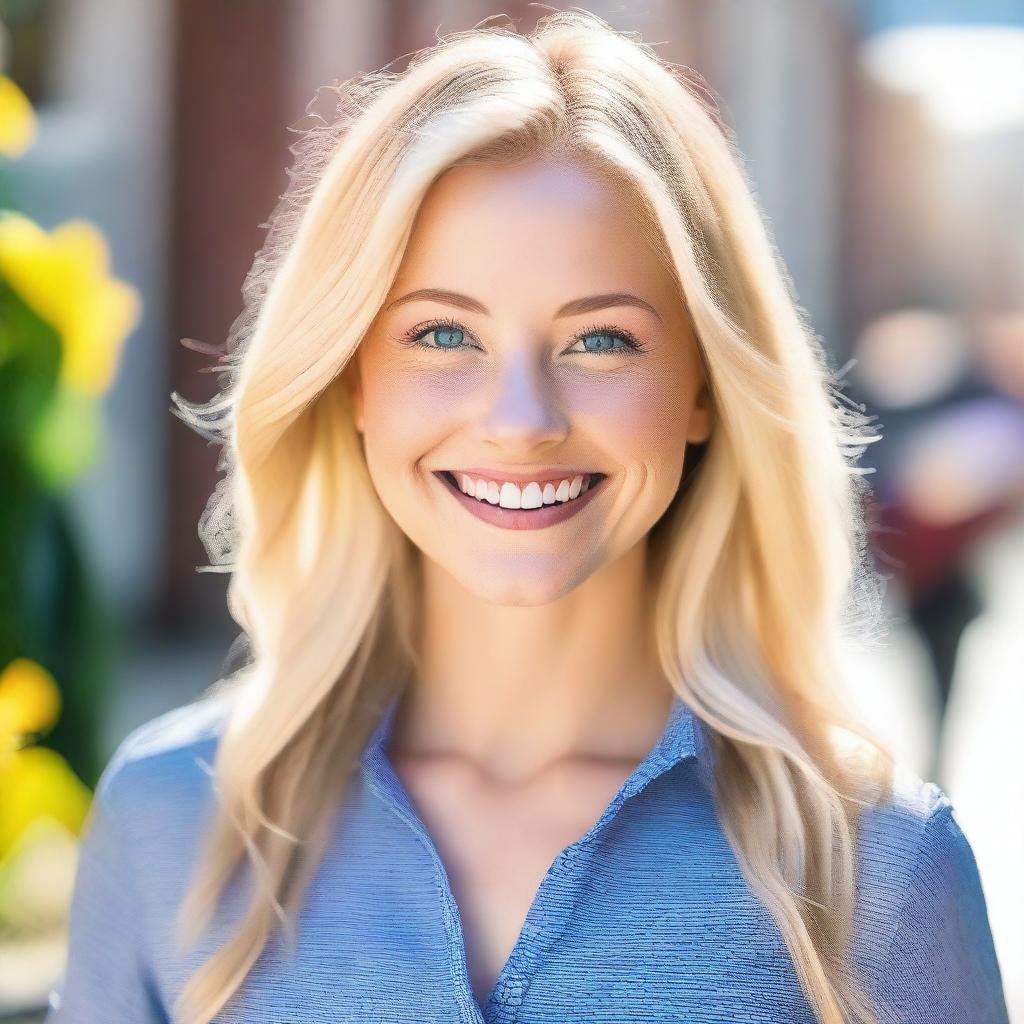 A beautiful young woman with blonde hair and blue eyes