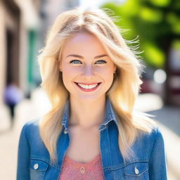 A beautiful young woman with blonde hair and blue eyes