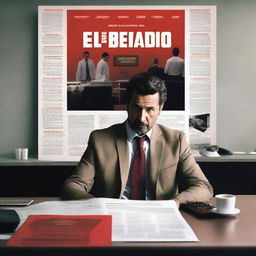 A movie poster titled 'El Delegado' featuring a man sitting at an office desk with spilled coffee on the table