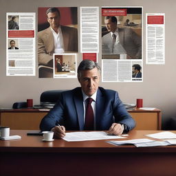 A movie poster titled 'El Delegado' featuring a man sitting at an office desk with spilled coffee on the table