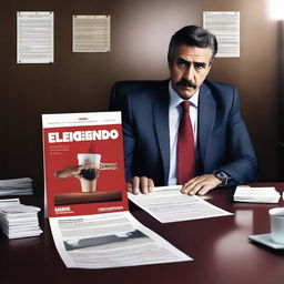 A movie poster titled 'El Delegado' featuring a man sitting at an office desk with spilled coffee on the table