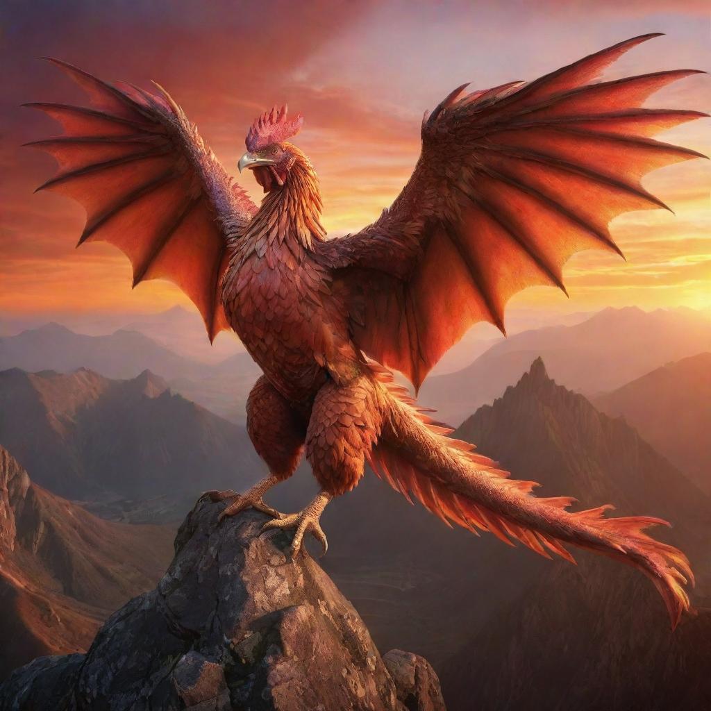 An awe-inspiring chicken dragon hybrid, with scales, wings and claws of a dragon yet the size and form of a chicken, soaring over a mythical mountain landscape under a fiery sunset.