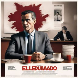 A movie poster titled 'El Delegado' featuring a man sitting at an office desk with spilled coffee on the table