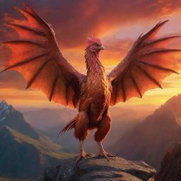 An awe-inspiring chicken dragon hybrid, with scales, wings and claws of a dragon yet the size and form of a chicken, soaring over a mythical mountain landscape under a fiery sunset.