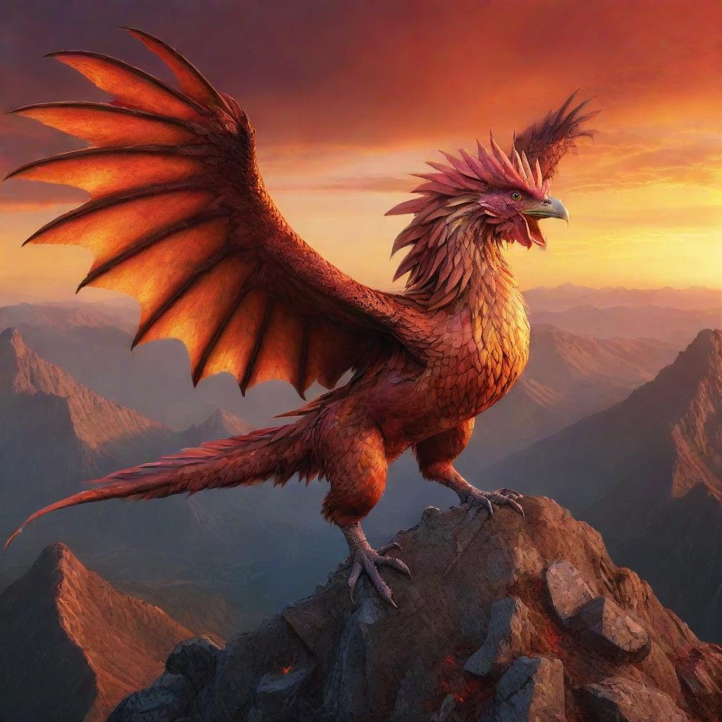 An awe-inspiring chicken dragon hybrid, with scales, wings and claws of a dragon yet the size and form of a chicken, soaring over a mythical mountain landscape under a fiery sunset.