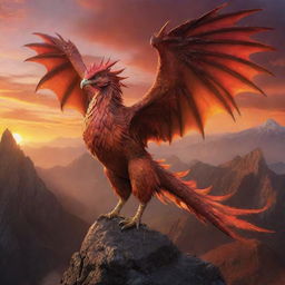 An awe-inspiring chicken dragon hybrid, with scales, wings and claws of a dragon yet the size and form of a chicken, soaring over a mythical mountain landscape under a fiery sunset.