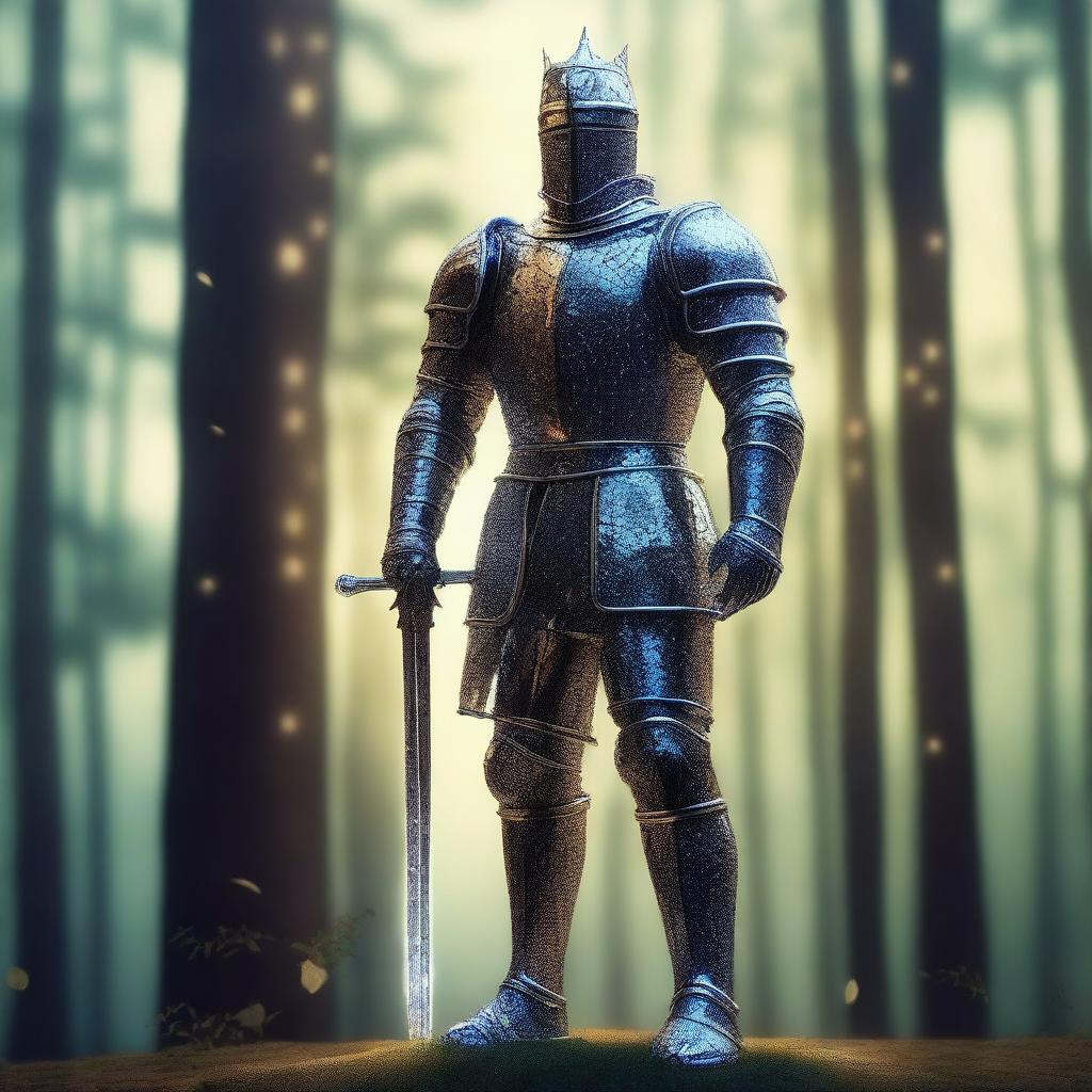 A majestic glass knight standing tall without a helmet, revealing a serene and noble face