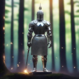 A majestic glass knight standing tall without a helmet, revealing a serene and noble face