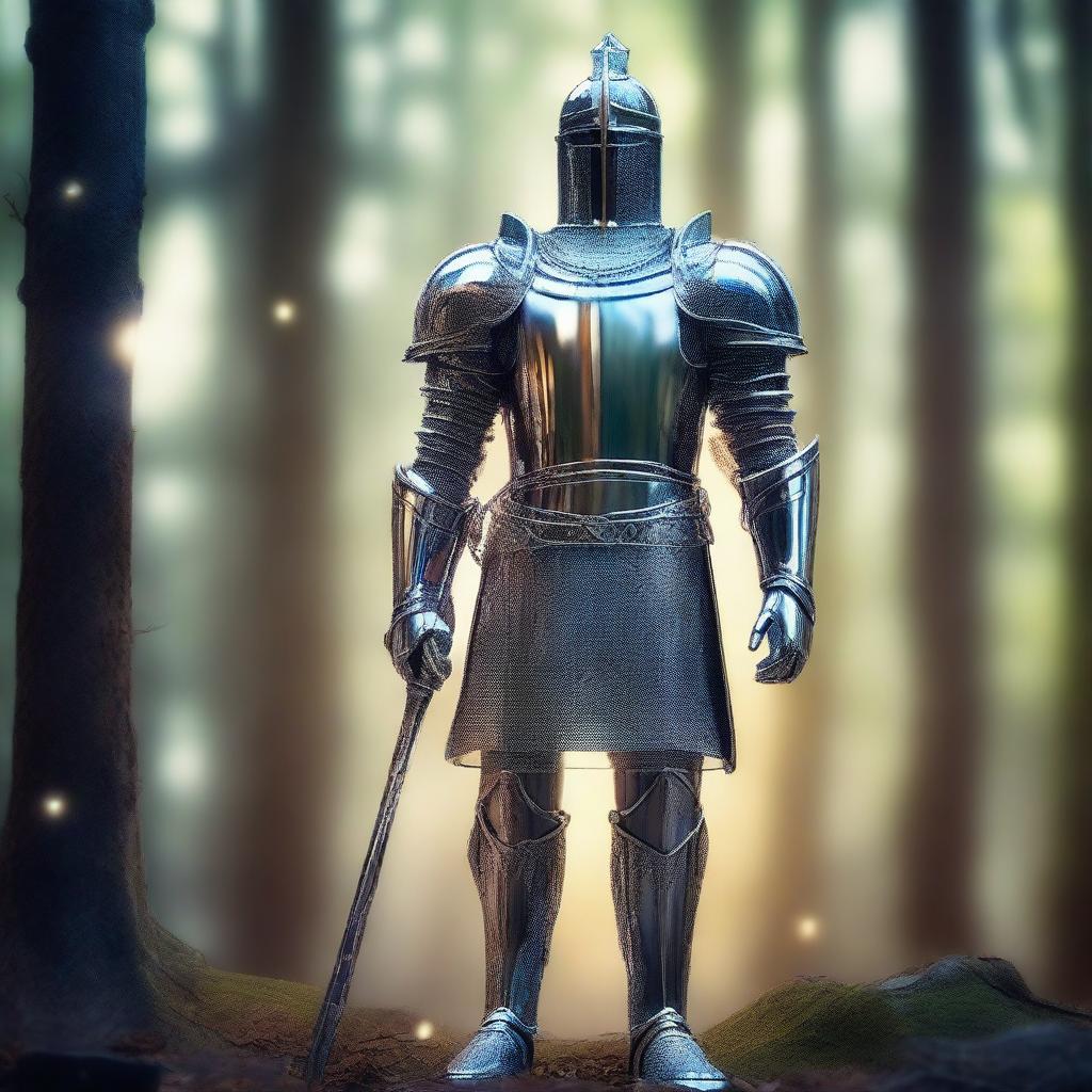 A majestic glass knight standing tall without a helmet, revealing a serene and noble face