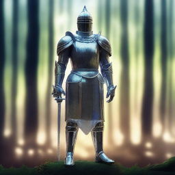 A majestic glass knight standing tall without a helmet, revealing a serene and noble face